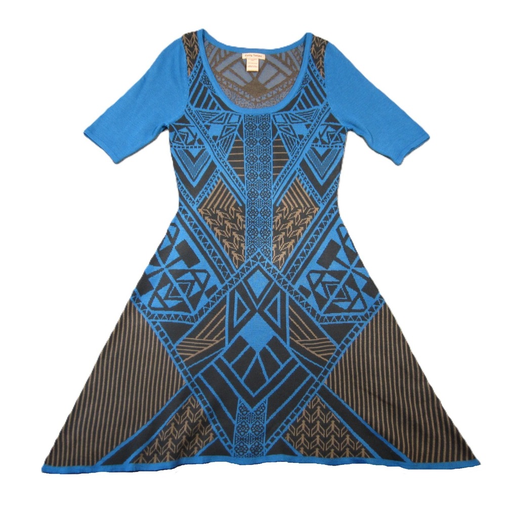 Flying Tomato‎ Sweater Dress S Blue Black Geometric Fit Flare Aztec Boho Anthro